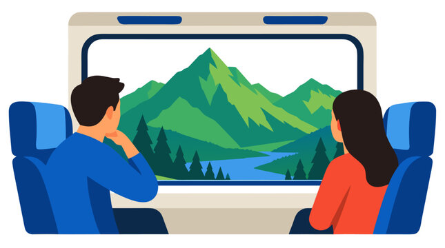 Male and female passengers seated inside train carriage looking out wide window at panoramic green alpine mountains and blue river on clear background in travel vector illustration