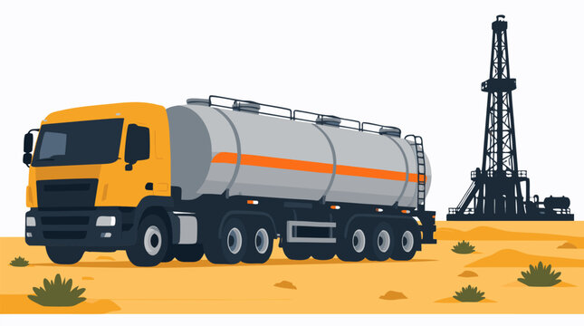 Heavy yellow fuel tanker lorry parked on desert sand dunes beside a tall oil well drilling derrick tower silhouette in this petroleum energy industry flat vector illustration on white
