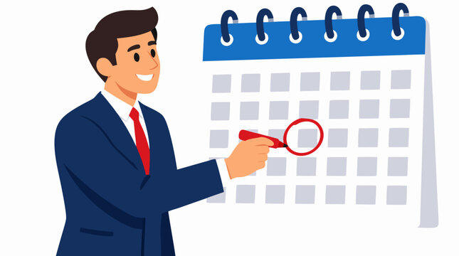 Businessman in a navy blue suit circling an important date on a large wall calendar with a red felt pen, vector illustration showing appointment planning, milestone reminder and project launch
