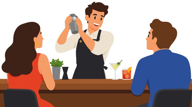 Smiling bartender in an apron shaking a metal cocktail shaker behind a wooden bar counter for two guests, vector illustration depicting hospitality service, mixology, nightlife and social club