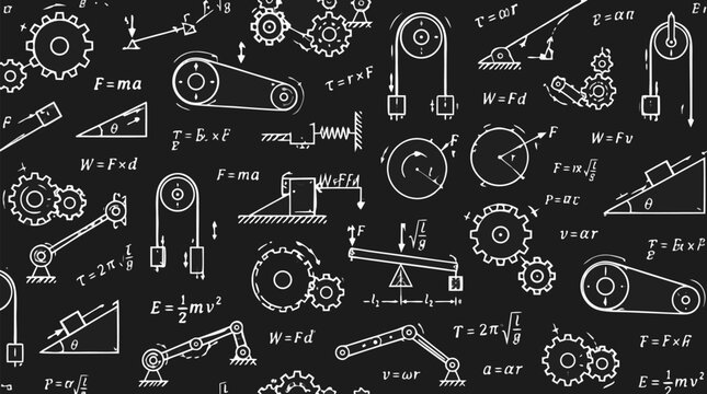 Seamless blackboard pattern of mechanical physics schematics featuring white chalk technical drawings of gears, pulleys, levers, and math equations, engineering flat vector illustration