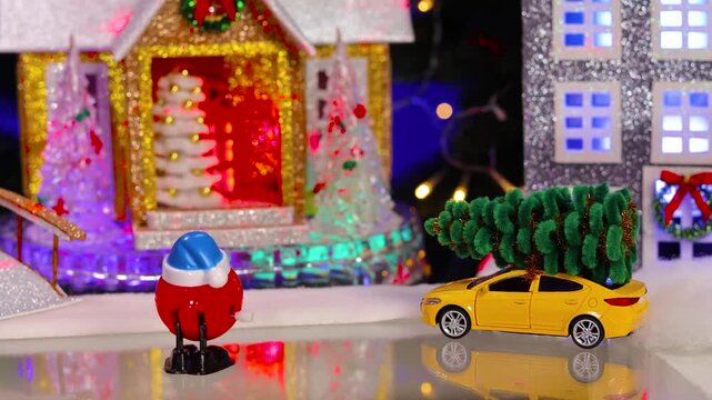 Santa Claus comes bounding up to a decorated Christmas house with a yellow car parked next to it