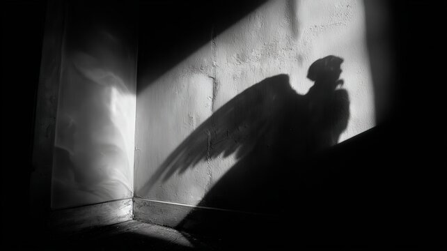 Spirituality and hope shadow of an angel with wings cast on a dark wall divine protection faith and supernatural guidance in a quiet room