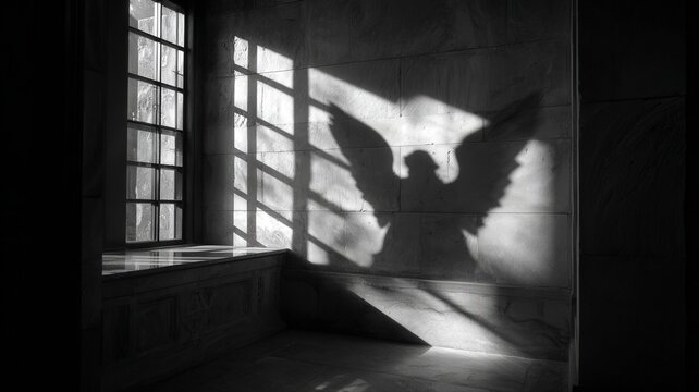 Spirituality and hope concept angel wings shadow cast on a stone wall by sunlight through a window in a dark room for religious or mourning themes