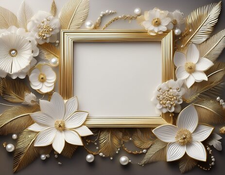 frame photo aesthetic elegan warna campuran putih dan emas dengan aksen bunga dan permata
