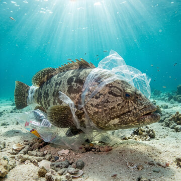 Grouper fish transforming into plastic bottle symbolizing coral reef waste danger