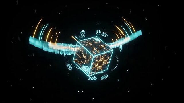 Mid-shot of a glowing futuristic circuit cube with neon wings flapping in abstract digital space.