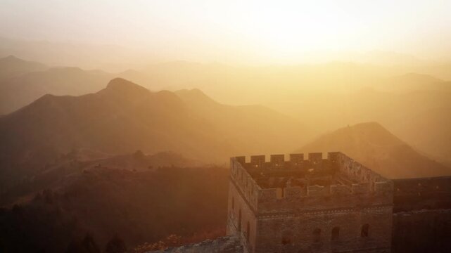 Aerial shot of the Great Wall of China at sunrise.
