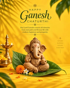 Happy Ganesh Chaturthi with Ganesha statue, flowers and golden festive background
