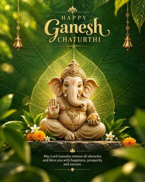 Lord Ganesha statue in a lush green setting with flowers for Ganesh Chaturthi