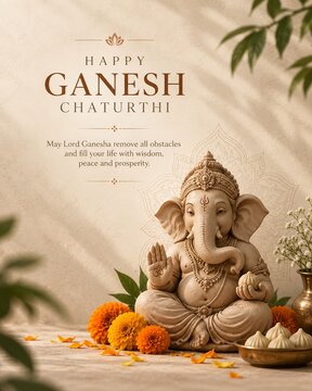 Elegant Lord Ganesha statue with marigold flowers and traditional offerings