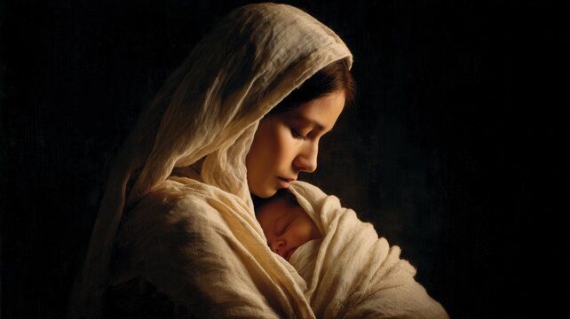 Motherhood and maternal love young woman holding her newborn baby in a gentle embrace with soft lighting and religious nativity aesthetic intimate bonding