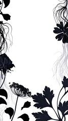 Black botanical flowers, roots and foliage frame a clean white background with generous copy space, ideal for elegant gothic Halloween posters, invitations and seasonal designs. © Oksana Smyshliaeva