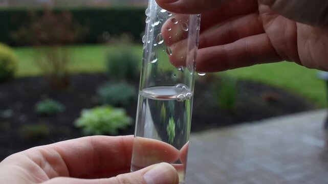 Close Up Hands Holding Test Tube with Water Sample for Field Testing