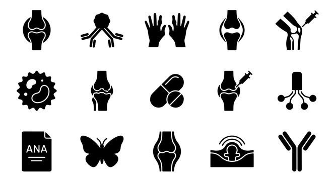 Rheumatology Icons Set: Arthritis, Autoimmune Disease, Joint Pain, Medical Treatment, Antibodies