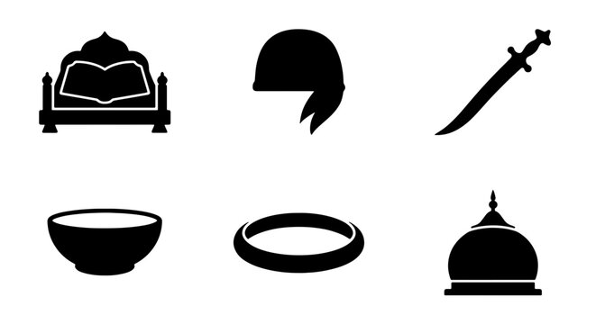 Sikhism Symbols Icon Set, Religious Objects, Cultural Icons, Guru Granth Sahib, Khanda, Kirpan, Kara, Karah Prasad