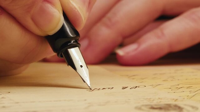 Fountain pen write letter, document sign on an antique handwritten letter. Vintage nib pen and handwritten english cursive style font copperplate, spencerian. Old history background. Retro style.
