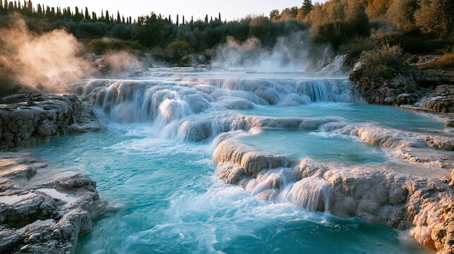 Thermal waters cascading at natural hot springs with turquoise pools, white travertine terraces, rising steam mist, and lush forest landscape in early morning light for relaxation, wellness, travel