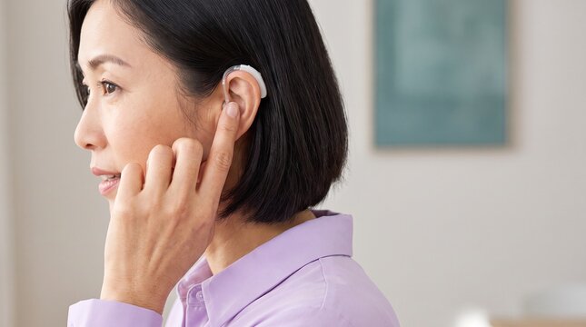 Audiology: Asian woman adjusting a hearing aid for confident everyday communication