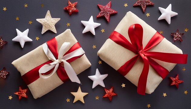 layflat of gifts wrapped in ivory fabric with ivory and red ribbons decorated with stars on dark grey neutral background