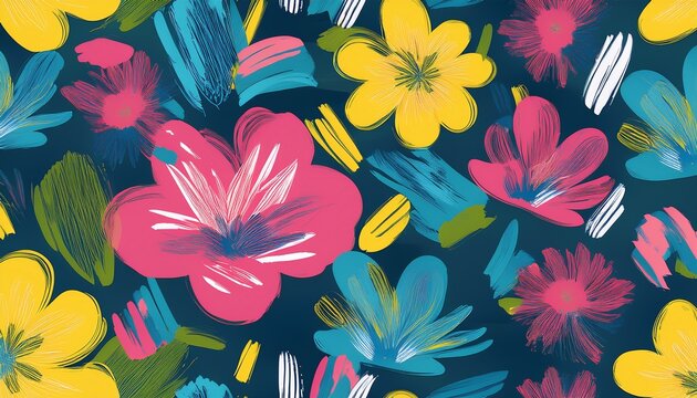 expressive floral repeating pattern with gestural brushstrokes in pink blue yellow and deep green for design contemporary fabrics and colorful packaging