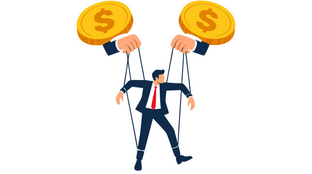 Businessman hanging like a marionette puppet controlled by strings from giant hands holding gold dollar coins, modern flat vector illustration isolated on a clean solid white background