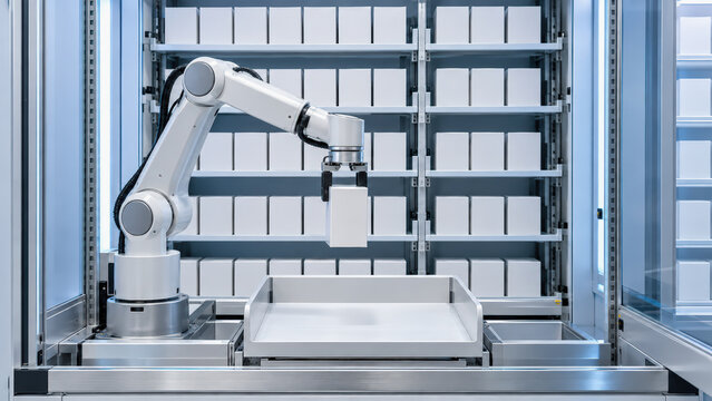 Industrial robotic arm automated laboratory workstation with storage shelves and tray, representing precision manufacturing technology and modern