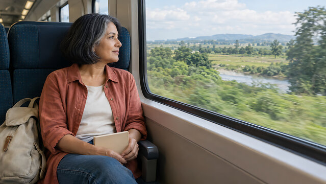 Older Woman Enjoying Countryside Views Through a Train Window