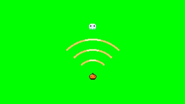 Pixel art Halloween animation of a haunted wireless signal indicator with three glowing arcs and a pumpkin transmitter base. A ghost rises from the pumpkin and activates each signal arc in sequence, r
