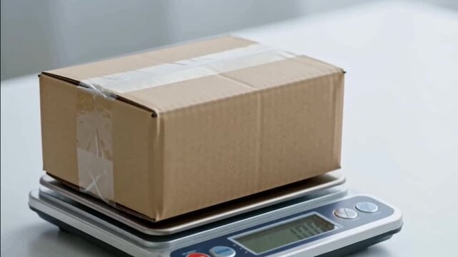 Hands placing small cardboard box package on digital scale for shipping and post delivery