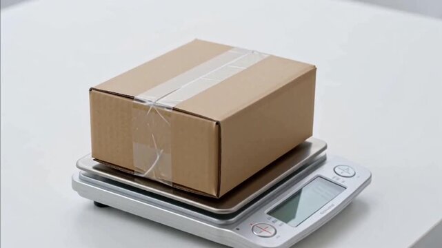 Hands placing small cardboard box package on white digital kitchen scale for shipping