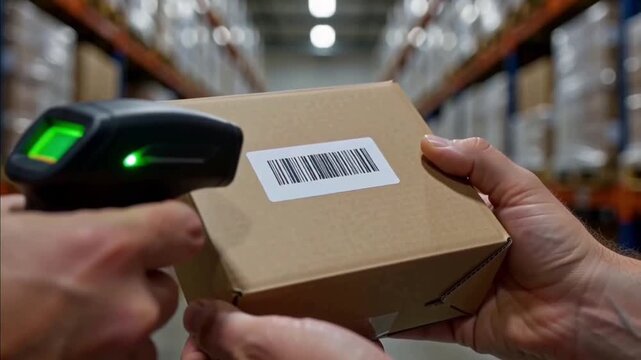 Close up of hand holding barcode scanner to scan cardboard box label in warehouse