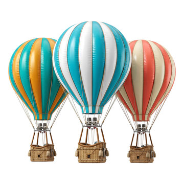 Three vintage-style hot air balloons floating in a clean studio setting with neutral background