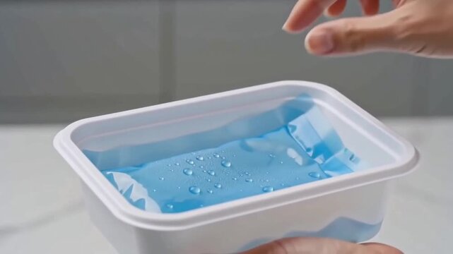 Hands placing cold ice gel pack into plastic container box for temperature control transport