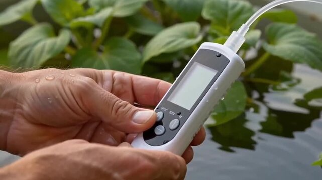 Hands using digital tester device to measure water pH or EC in hydroponic farming system