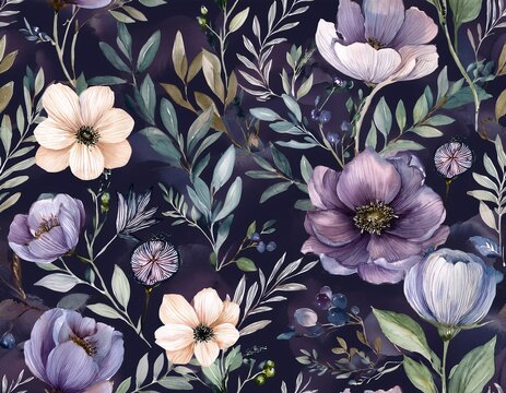 cute dark purple flowers floral watercolor seamless pattern watercolor print in rustic vintage style textile or wallpapers