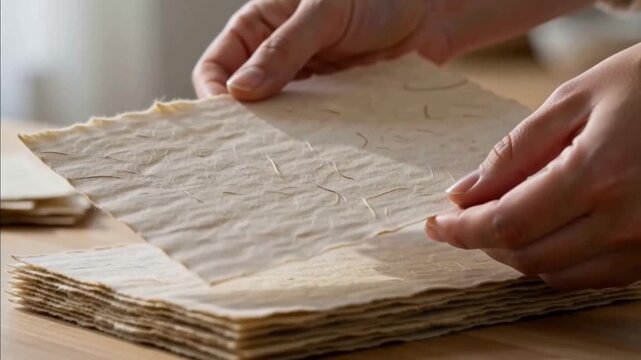 Hands stacking sheets of handmade textured paper on a wooden desk
