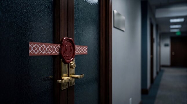 Sealed Glass Office Door with Red Wax Seal Stamp Law Enforcement Legal Concept