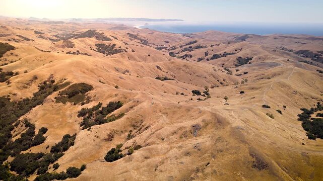 Aerial shot of the low mountains along the Pacific Coast in California north of San Luis Obispo.