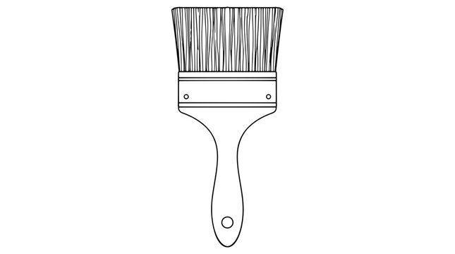 Black outline vector icon of a wide flat paintbrush with bristles, ferrule with rivets and tapered wooden handle with hanging hole, drawn with thin lines in vertical composition for painting work