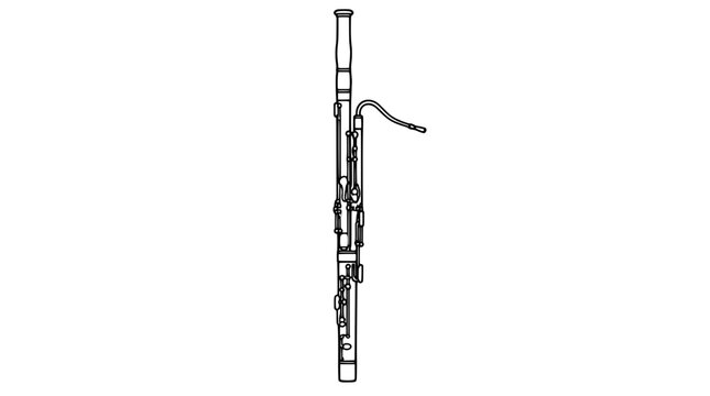 Tall monoline icon illustration of a vertical bassoon with long jointed body sections, side keys and curved bocal mouthpiece, rendered in thin clean black lines in slender upright arrangement