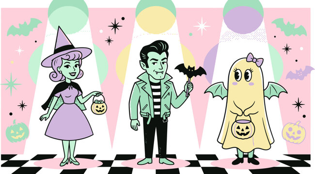 Retro Halloween vector illustration, vintage mid-century modern spooky characters, 1950s style witch vampire and ghost under spotlights