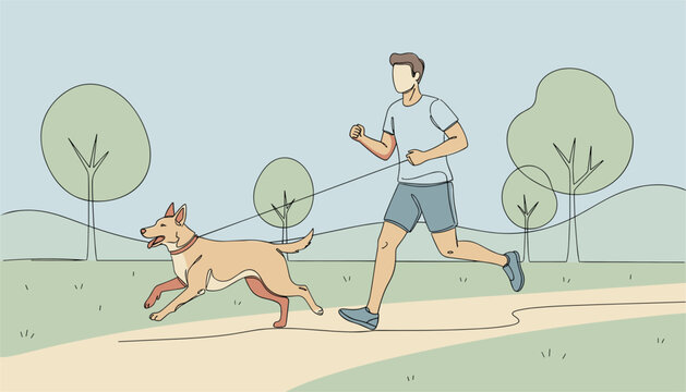 Energetic man enjoying a healthy morning jog with his happy dog on a leash along a dirt path in a green nature park.