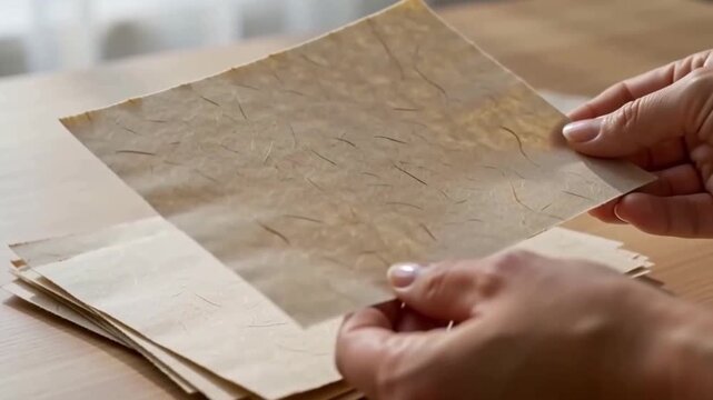 Hands sorting and arranging sheets of handmade paper on a wooden table
