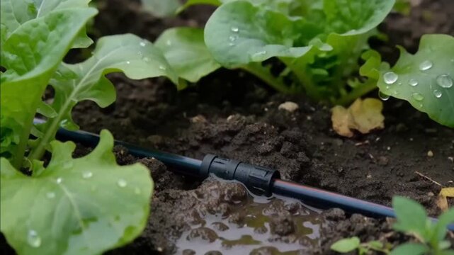 Farmer connecting black irrigation pipes for garden watering system