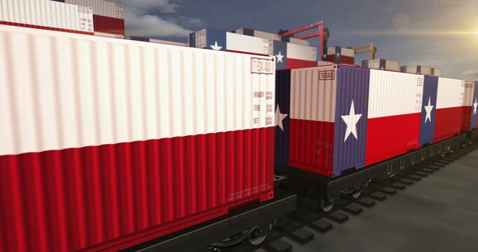 Texas USA export production and import containers on a freight wagons loop. Business concept of railway train transport and shipping with a Texas flag. 3D loopable and seamless animation.