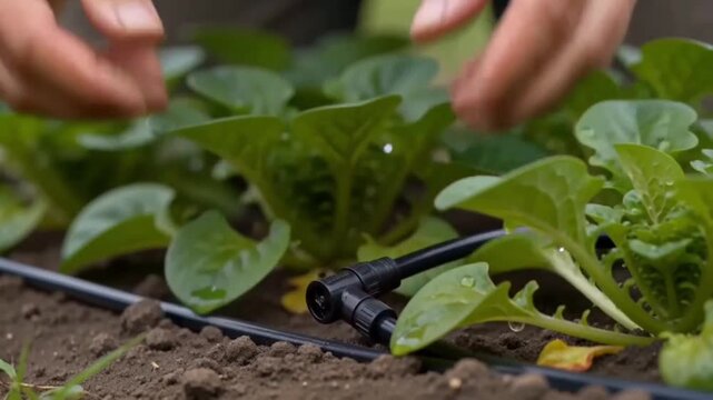 Farmer installing an elbow connector to black irrigation tubing in a crop field