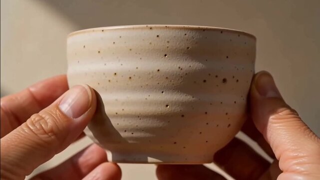 Close-up of hands holding a handmade textured ceramic tea bowl