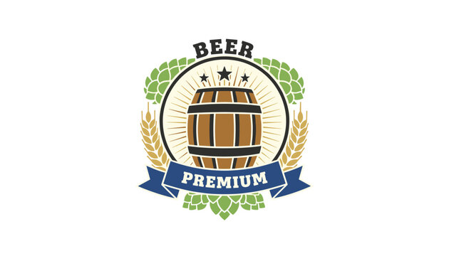 Vintage style beer premium emblem featuring wooden barrel sunburst effect hops and wheat stalks for brewery branding design.