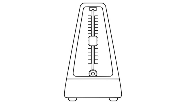 Black outline vector icon of a classic pyramid metronome with tapered body, vertical pendulum rod, sliding weight and scale marks drawn in thin lines in centered front view for musical tempo control